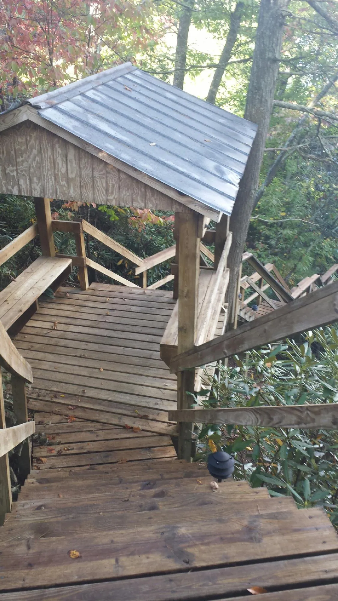 Metal roofed shelter over wooden steps on a wooded walkway — Skylight Repair & Installation work by our crew in Villard